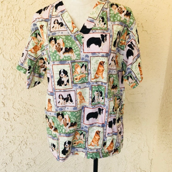 Castel Tops - Castel Dog Print scrub top Large